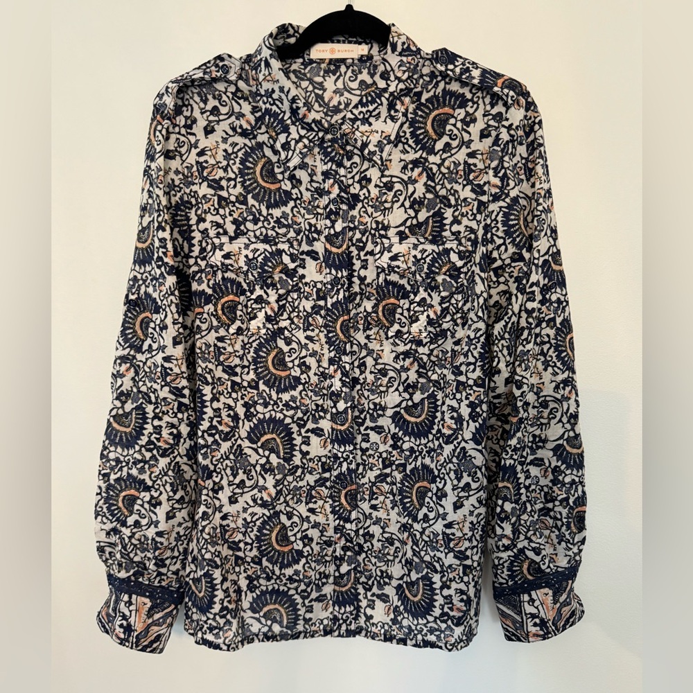 Tory Burch Blue Bridgette Printed Button Down Shirt